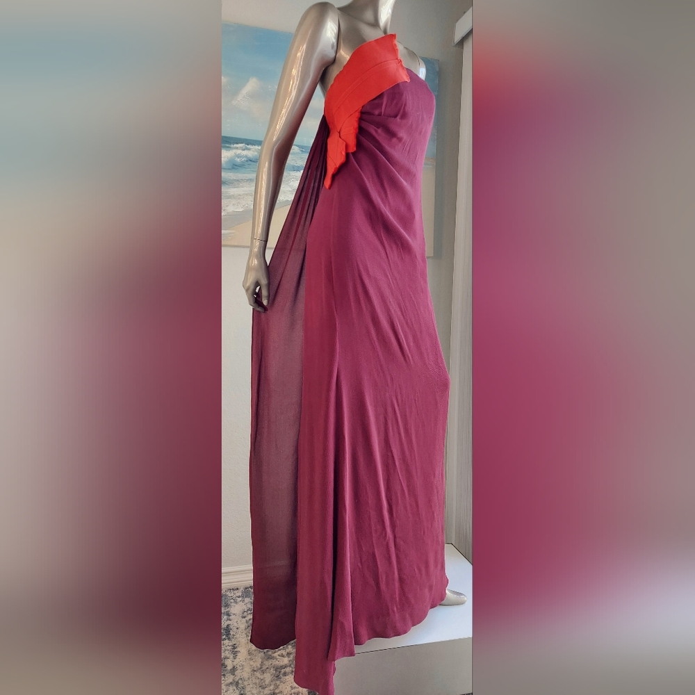 $5,200 CAROLINA HERRERA PURPLE RED COLORBLOCK BOW SILK GOWN US 12 - Picture 9 of 14